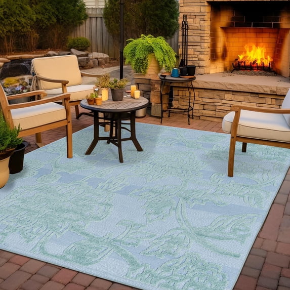 Unique Loom Aruba Outdoor Collection Area Rug - Malmok (5' 3" Square Navy Blue/Light Green)
