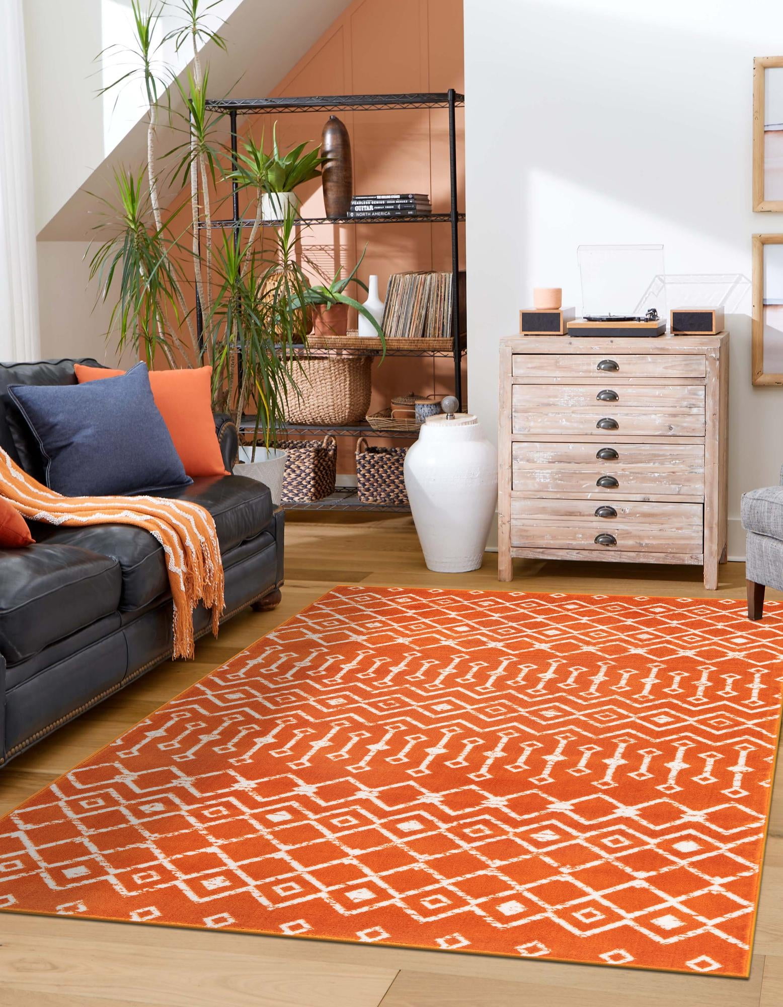 Rectangular Orange Trellis Stain-Resistant Synthetic Rug