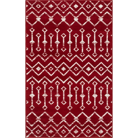 3.25' x 5.25' Red and Ivory Tribal Geometric Rectangular Area Throw Rug