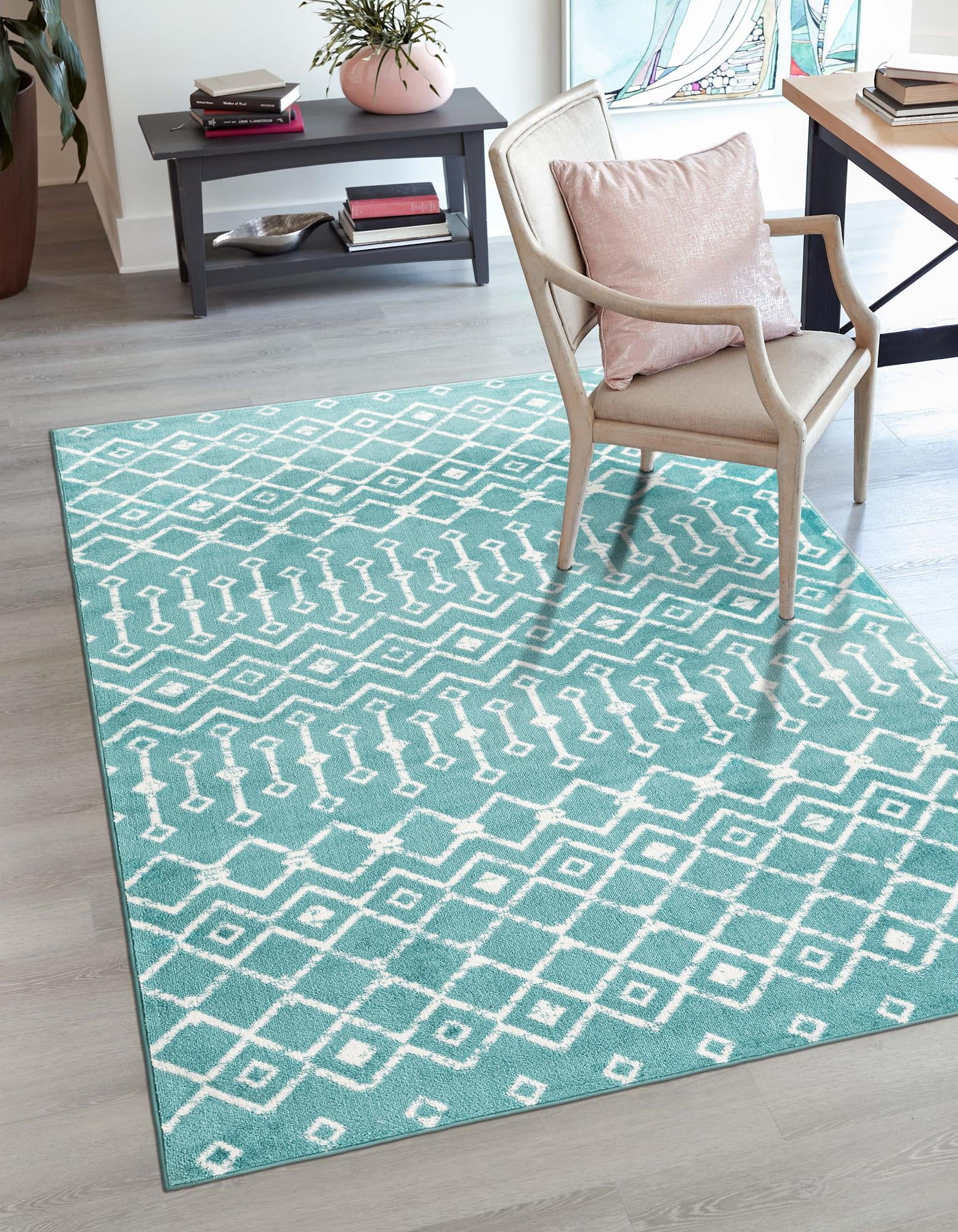 Turquoise and White Synthetic 6' x 9' Trellis Area Rug
