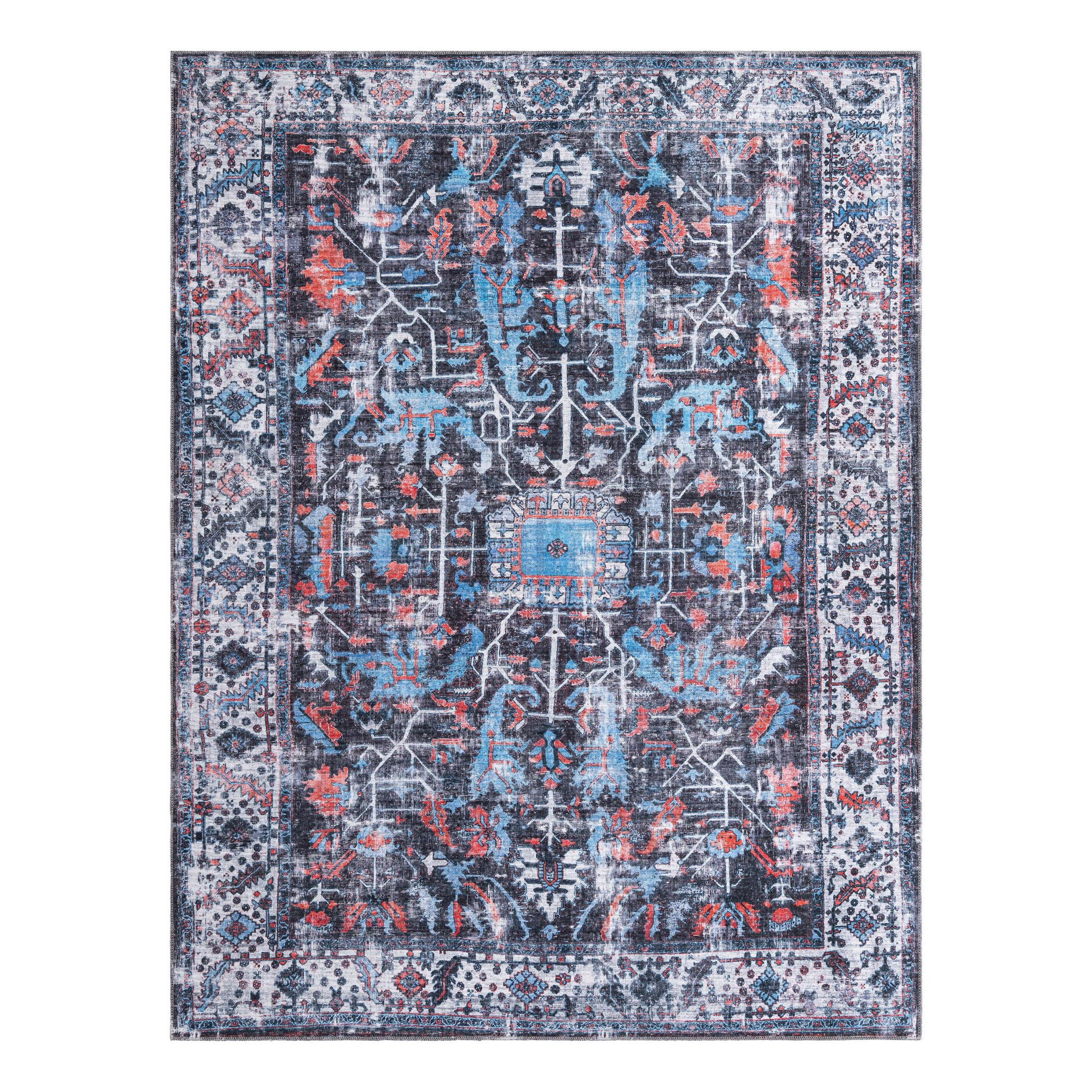 Black and Blue Rectangular Washable Chenille Area Rug