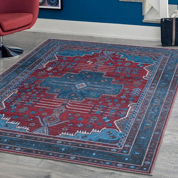 Unique Loom Mangata Collection Area Rug - Molly (7' 10" x 10' Rectangle Red and Blue/Ivory)
