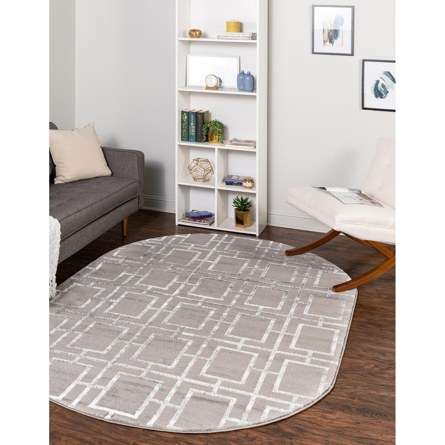 4' x 6' Oval Gray Silver Trellis Synthetic Area Rug