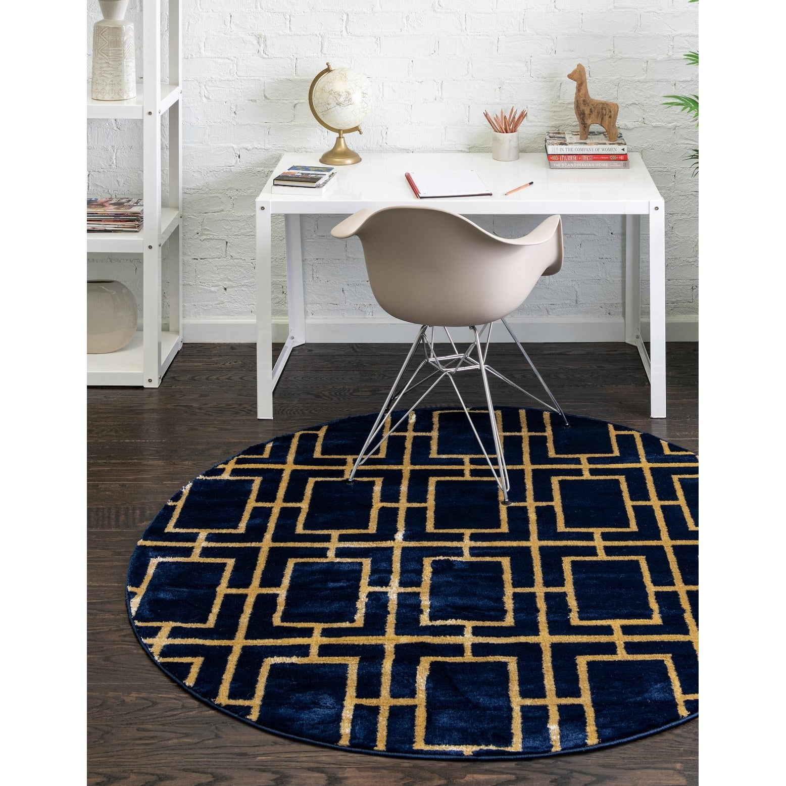 Navy Blue and Gold Round Trellis Synthetic Area Rug