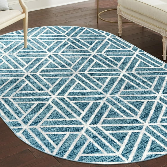Unique Loom Matrix Trellis Collection Area Rug - Motif (5' 3" x 8' Oval Blue/Ivory)