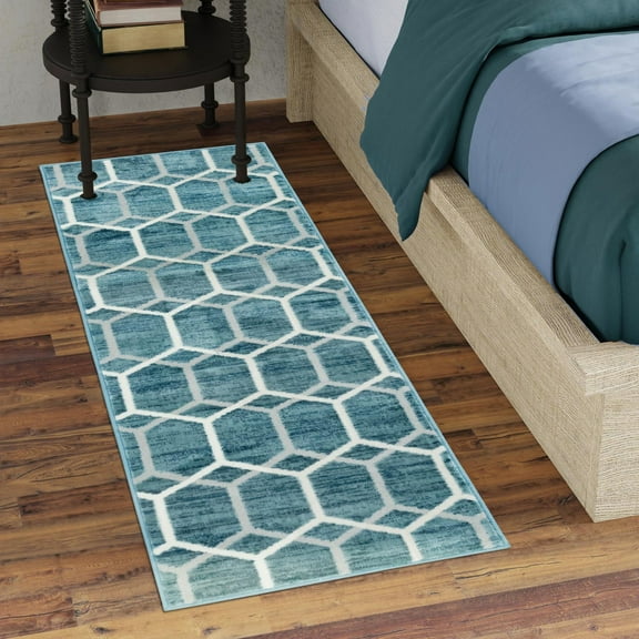 Unique Loom Matrix Trellis Collection Area Rug - Tile (3' x 10' Runner Blue/Ivory)