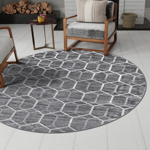 Unique Loom Matrix Trellis Collection Area Rug - Tile (5' 1" Round Grey/Ivory)