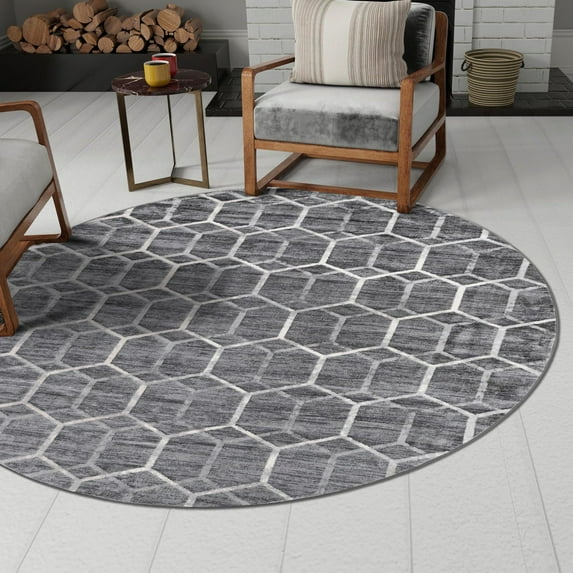 Unique Loom Matrix Trellis Collection Area Rug - Tile (5' 1" Round Grey/Ivory)
