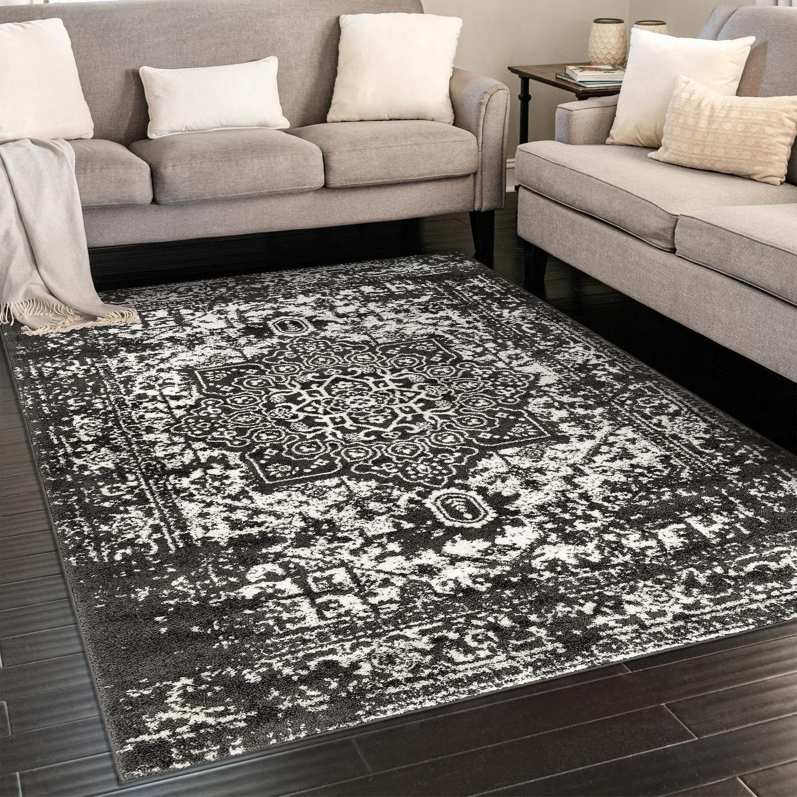 Dark Gray Rectangular Synthetic Medallion Area Rug 2' x 3'