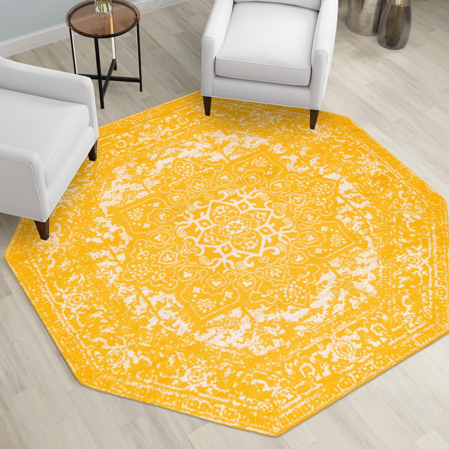 Yellow Medallion Synthetic Octagon Area Rug, 5'