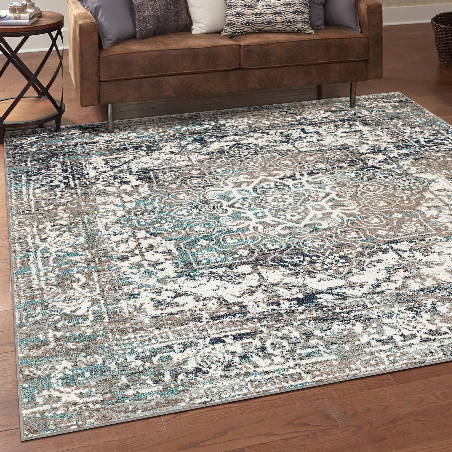 Gray and Blue Medallion Synthetic Square Area Rug
