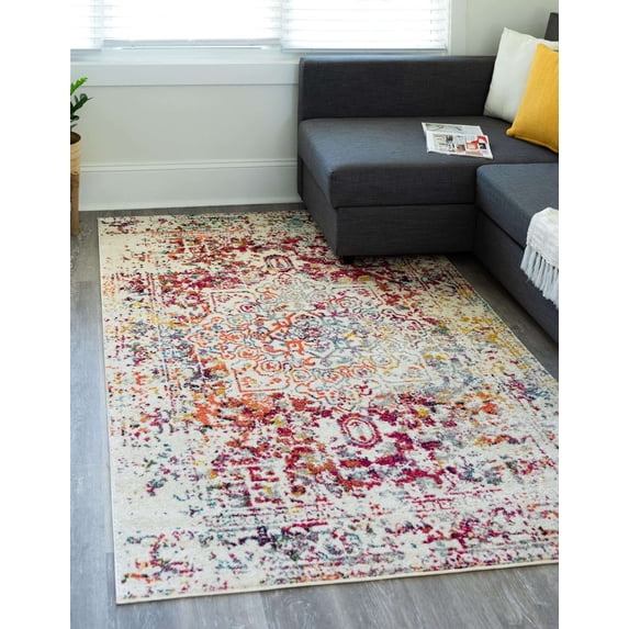 6' x 9' Orange and Ivory Traditional Medallion Rectangular Area Throw Rug