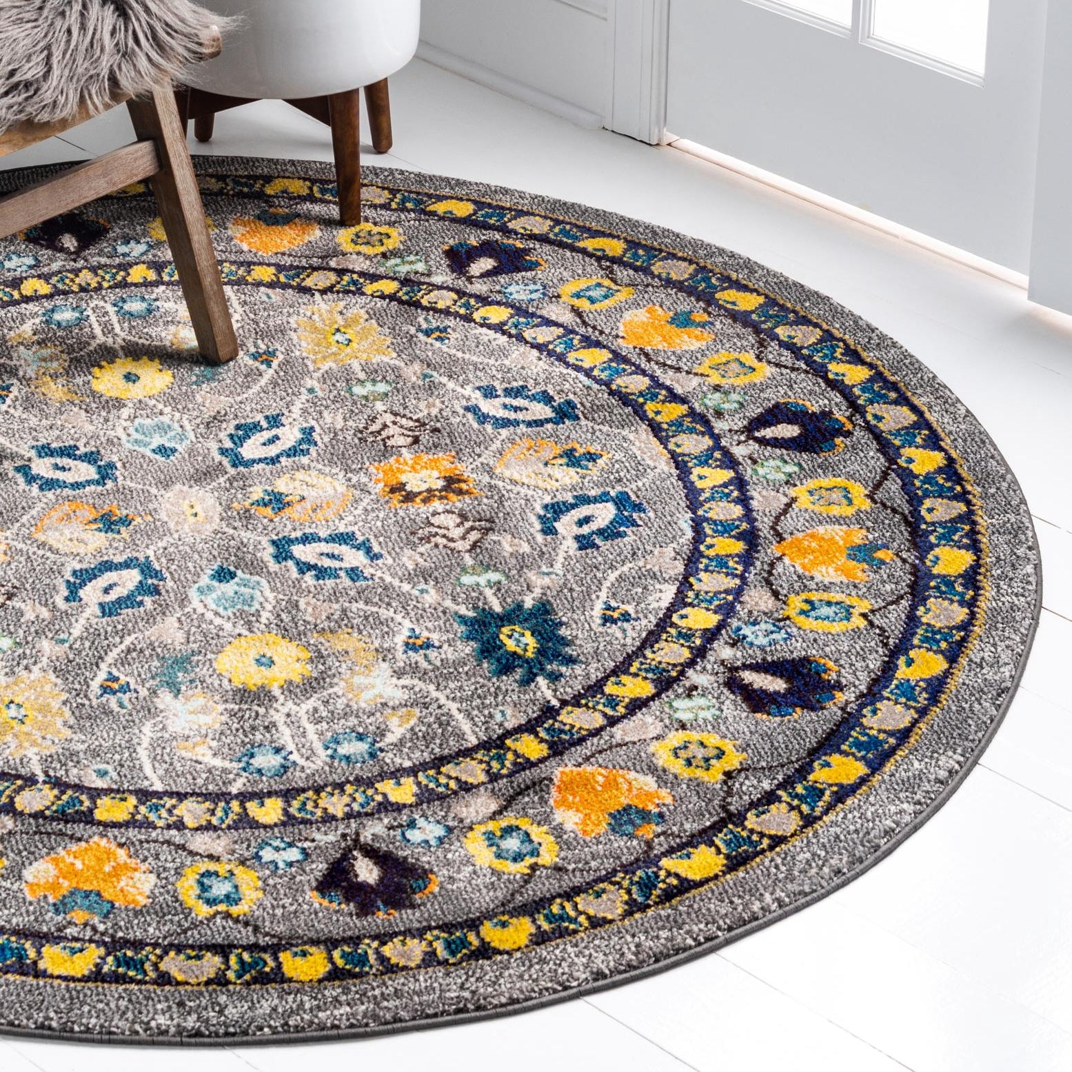 Unique Loom Medici Collection Area Rug - Paradise (8' Round Gray/Gold)