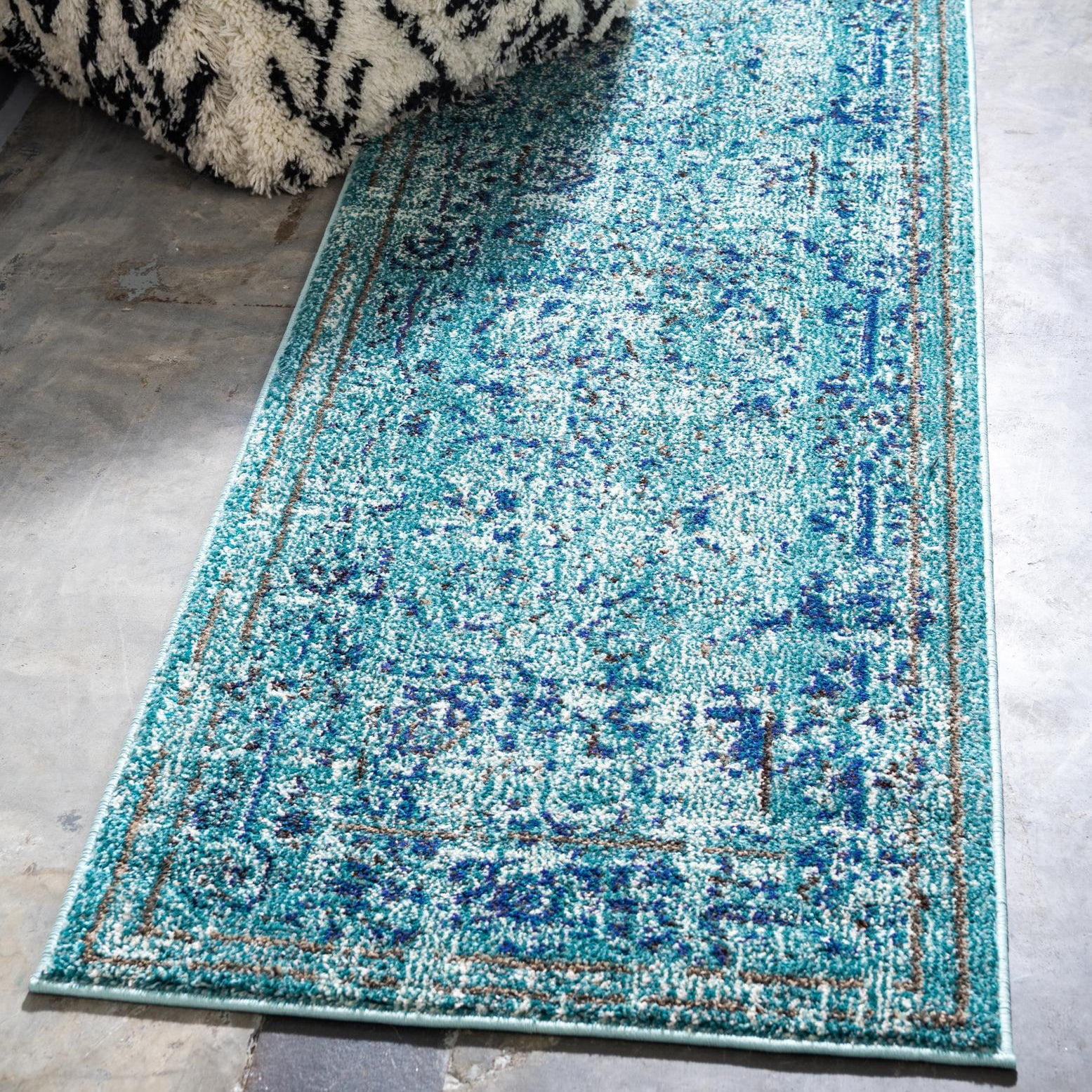 Light Blue Synthetic Stain-Resistant Runner Rug