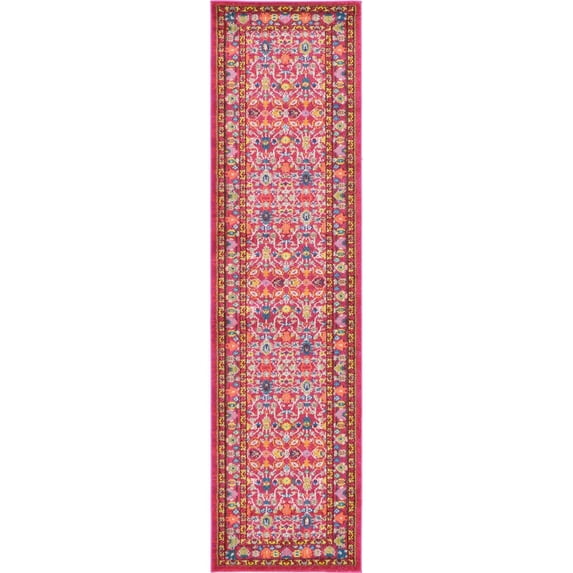 2.5' x 10' Fuchsia Pink and Yellow Bohemian Floral Rectangular Rug Runner