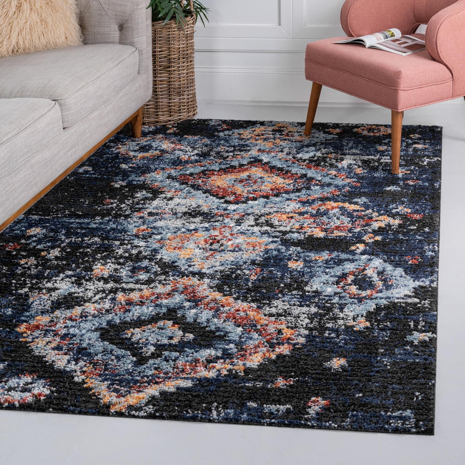 Navy Blue Geometric Synthetic Easy Care Area Rug