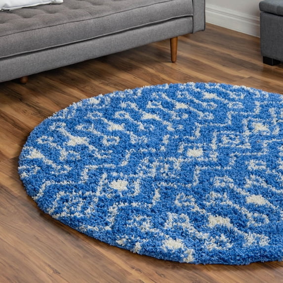 Unique Loom Moroccan Trellis Shag Collection Area Rug - Meknes (7' 10" Round Periwinkle Blue/Ivory)