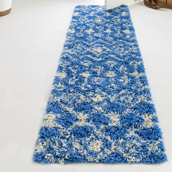 Unique Loom Moroccan Trellis Shag Collection Area Rug - Meknes (2' 7" x 10' Runner Periwinkle Blue/Ivory)