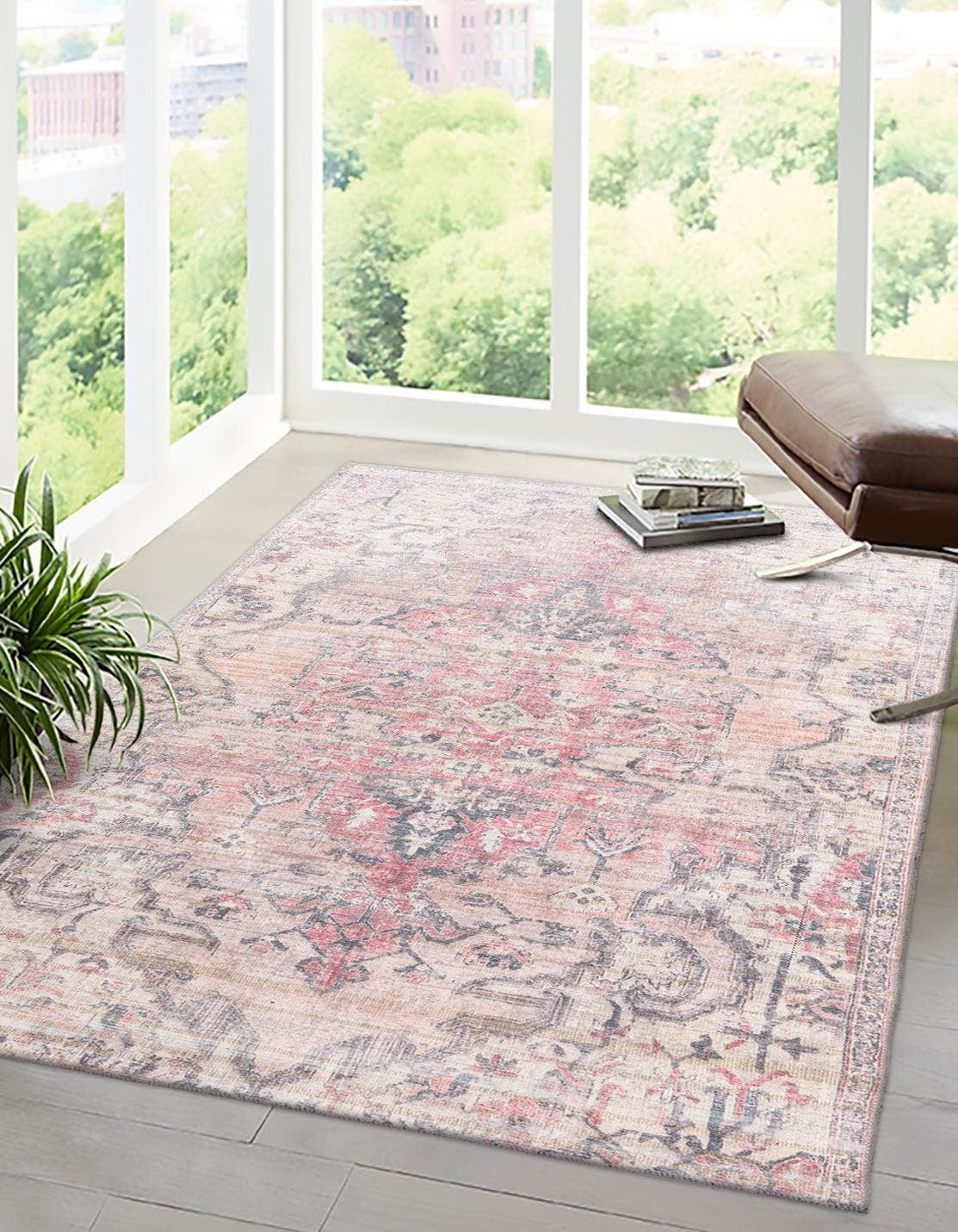 Ivory and Beige Pink Rectangular Washable Medallion Rug