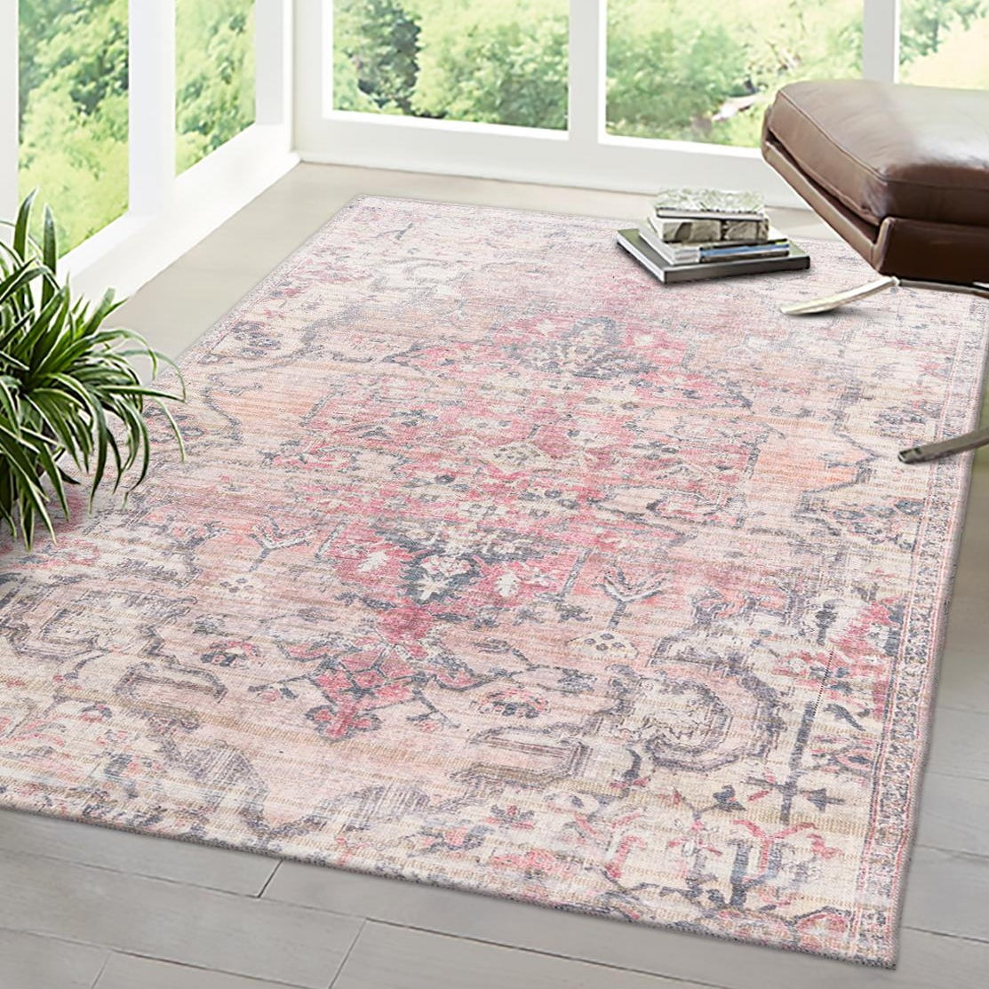Ivory and Beige Pink Rectangular Washable Medallion Rug