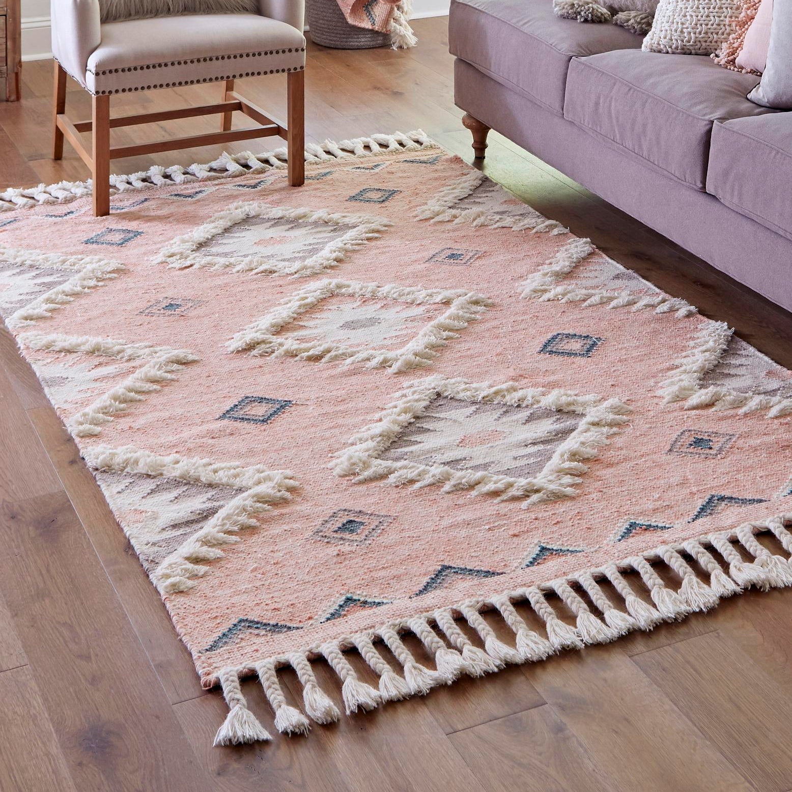 Handmade Pink Wool Geometric 6x9 Area Rug