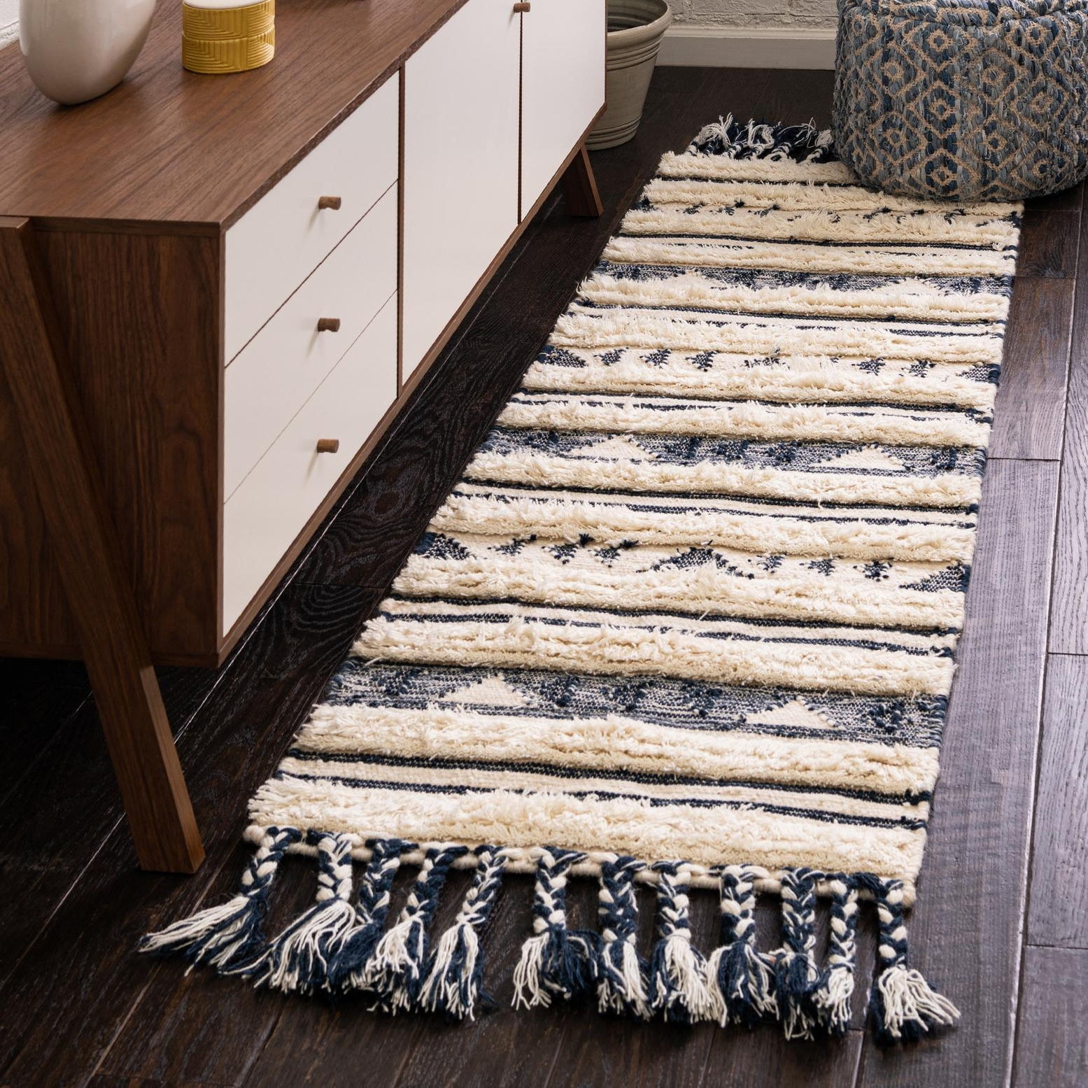Handwoven Navy Blue and Cream Wool Geometric Runner Rug