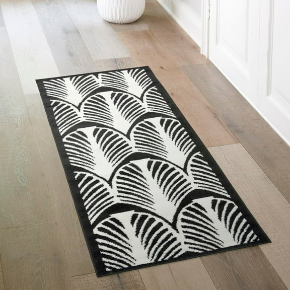 Unique Loom Metro Collection Area Rug - Feathers (2' x 6' 7" Runner Black/Ivory)