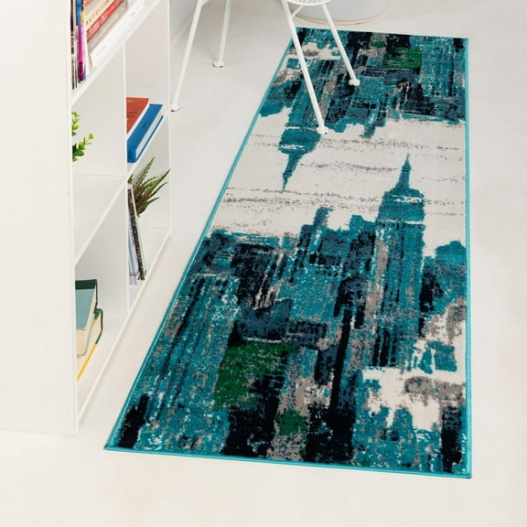 Unique Loom Metro Collection Area Rug - Skyline (2' x 6' 7" Runner Turquoise/Beige)