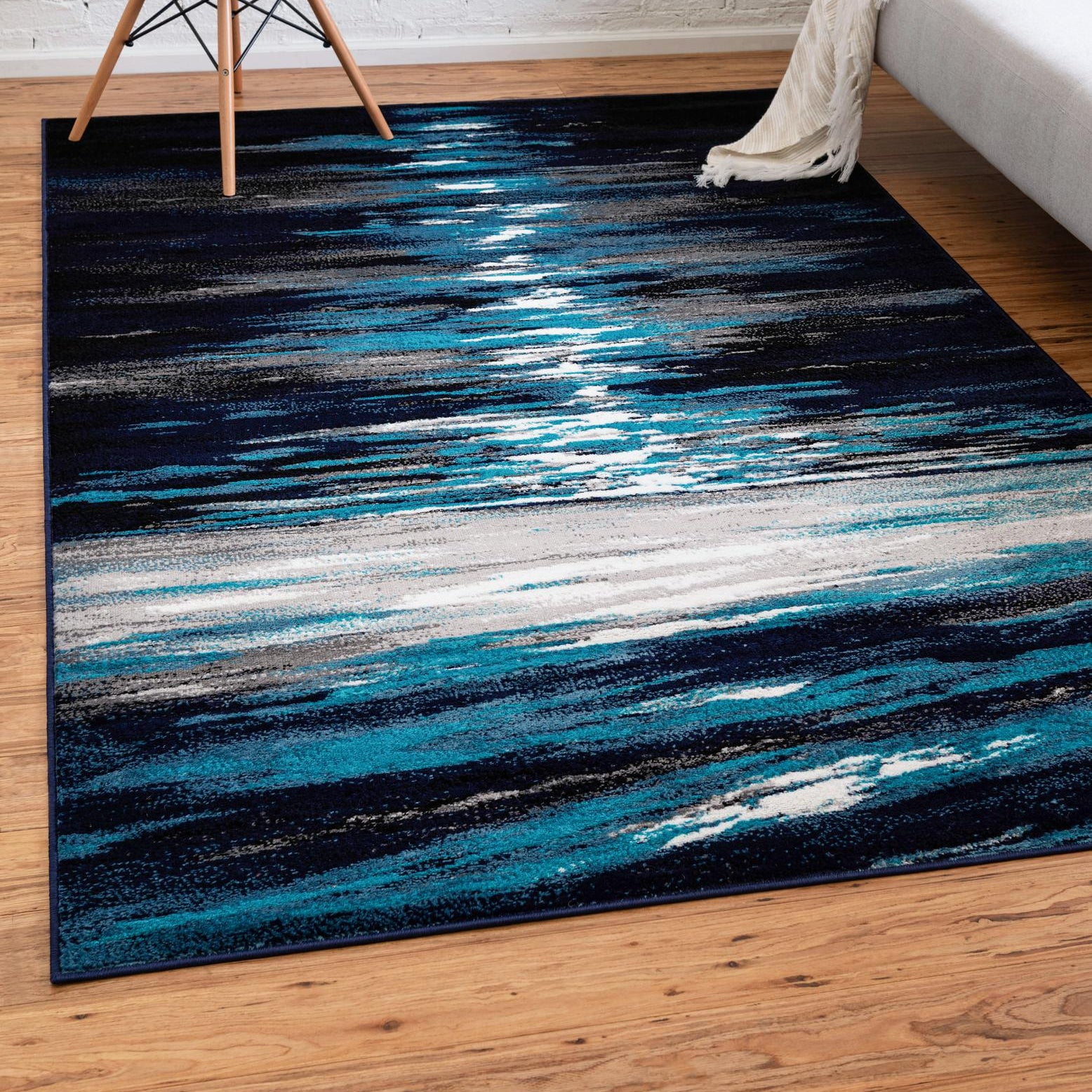 Navy Blue Abstract Synthetic 4' x 6' Area Rug