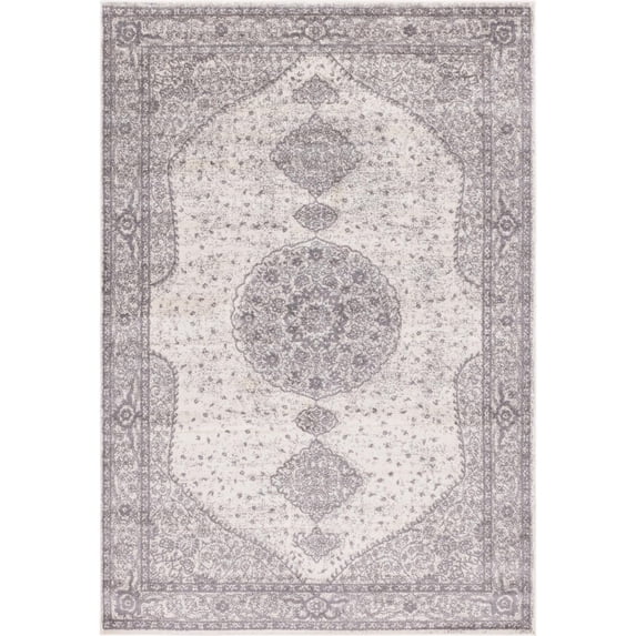 7' x 10' Gray and Ivory Medallion Rectangular Area Throw Rug