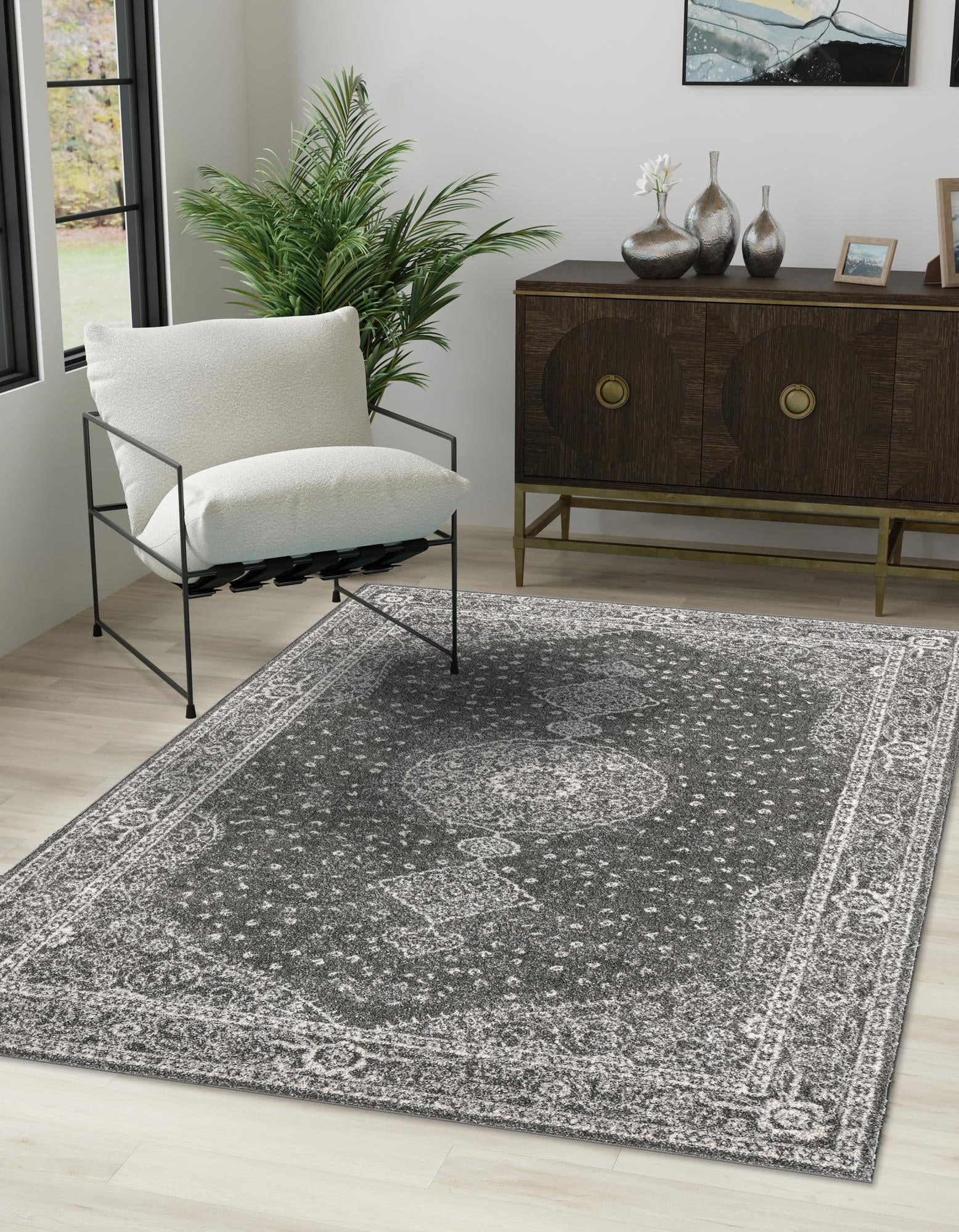 Dark Gray Medallion 9' x 12' Synthetic Area Rug