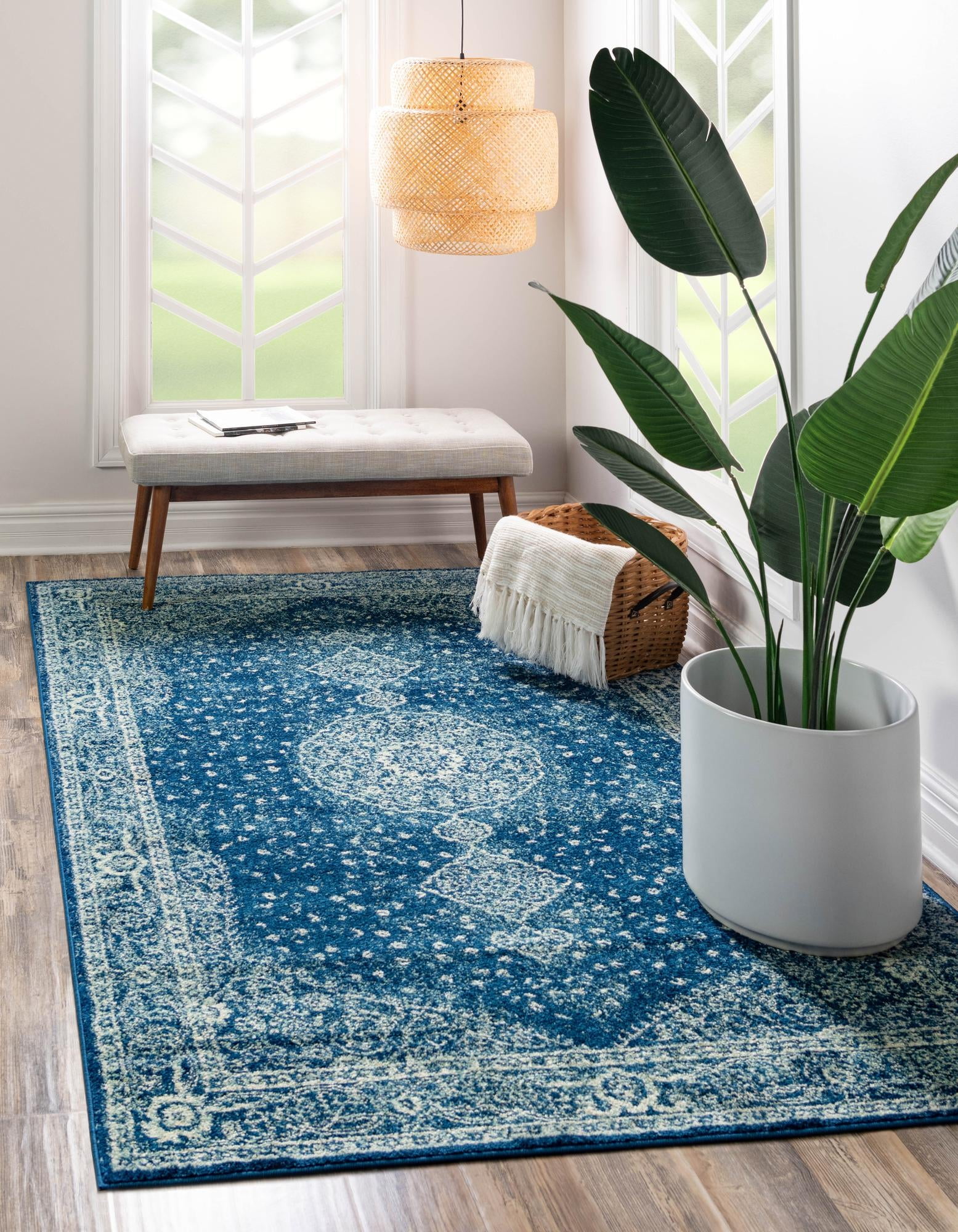Navy Blue Medallion Rectangular Stain-Resistant Synthetic Rug