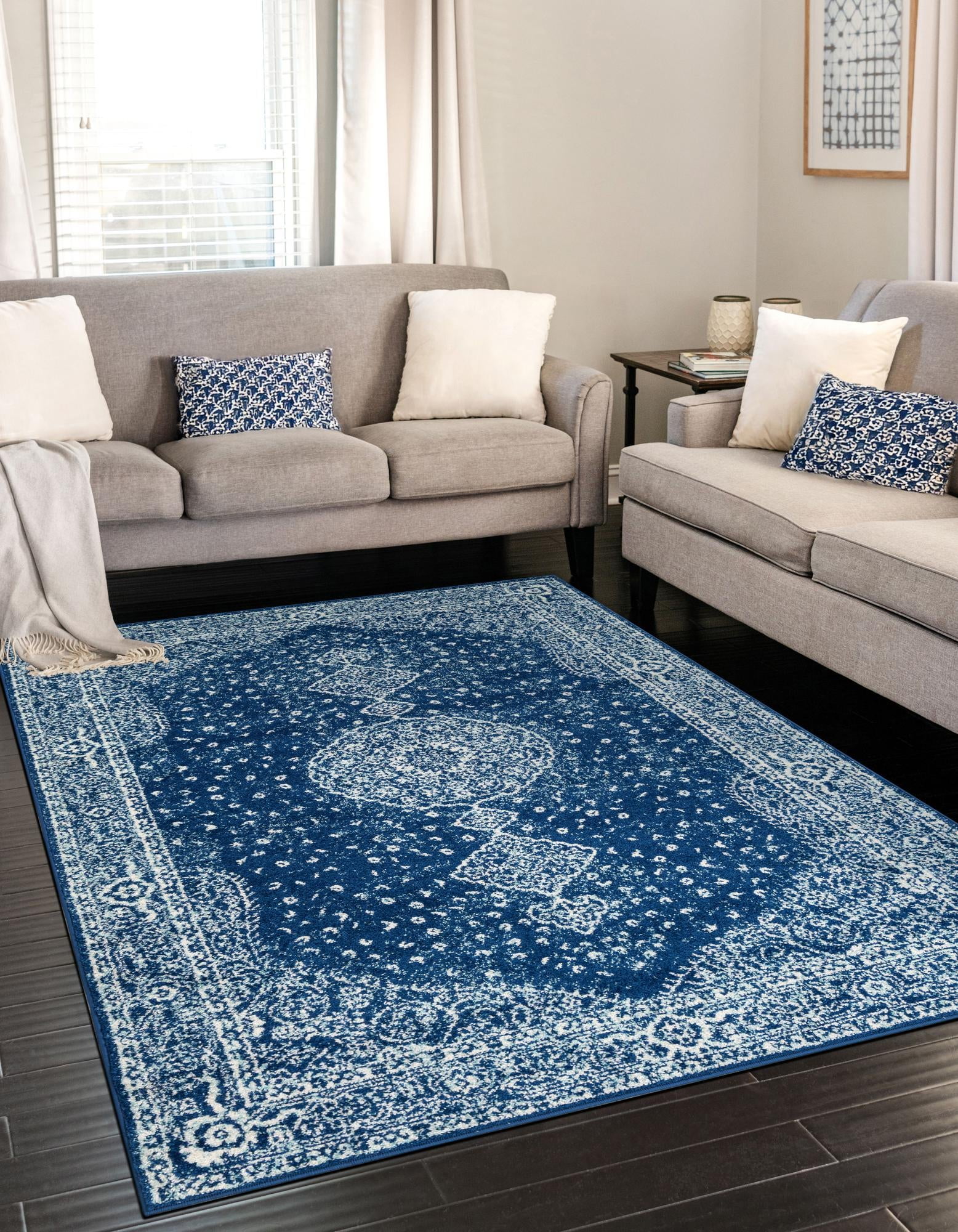 Navy Blue Medallion Synthetic 9' x 12' Rectangular Rug