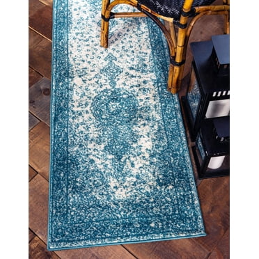 Unique Loom Midnight Bromley Rug Turquoise/Ivory 2' x 8' 8" Runner Medallion Shabby-Chic Perfect For Bathroom Hallway Mud Room Laundry Room