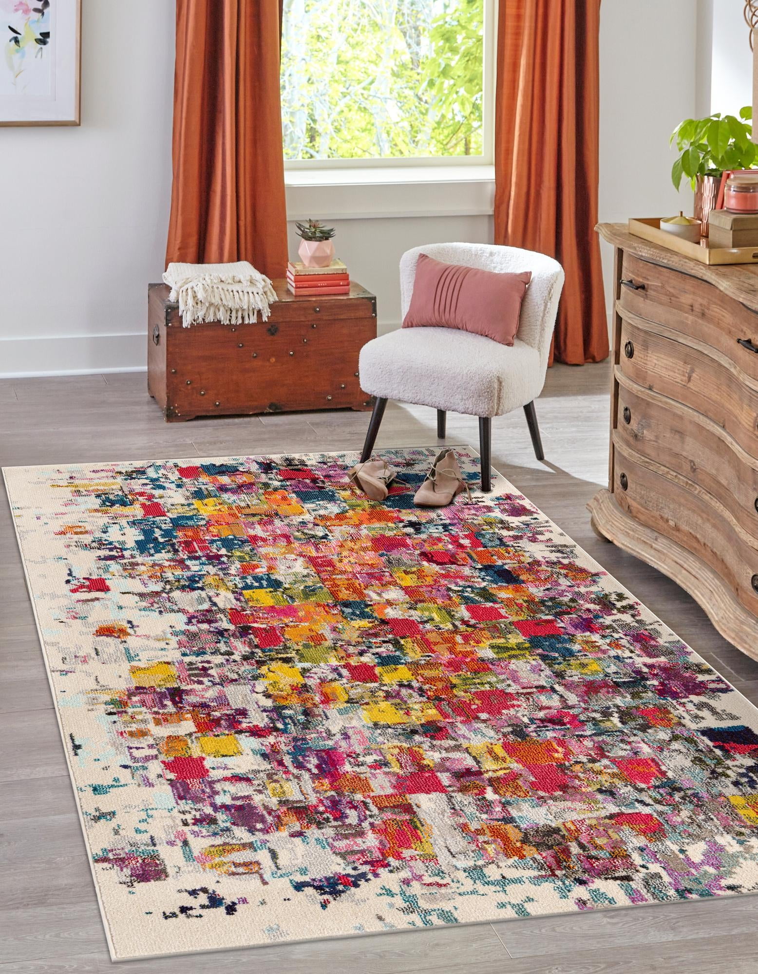 Colorful Abstract Rectangular Synthetic Easy Care Area Rug
