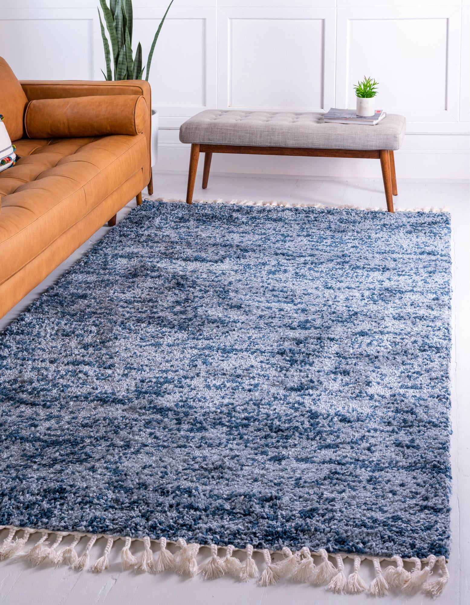 Blue and Light Blue Hygge Shag Rug with Fringe 2' 2" x 3' 1"