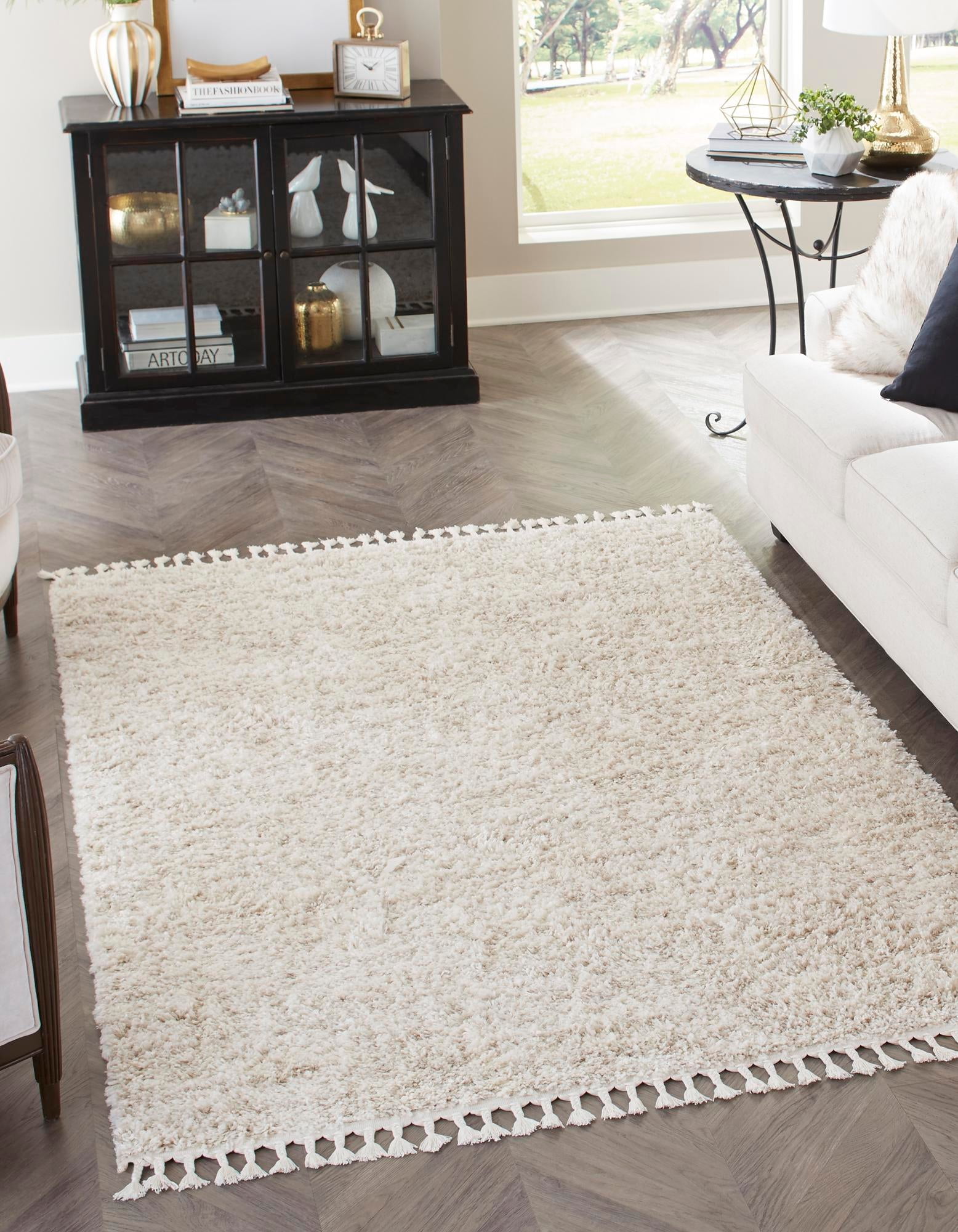 Ivory Geometric Shag Rug with Braided Fringe, 2' x 3'
