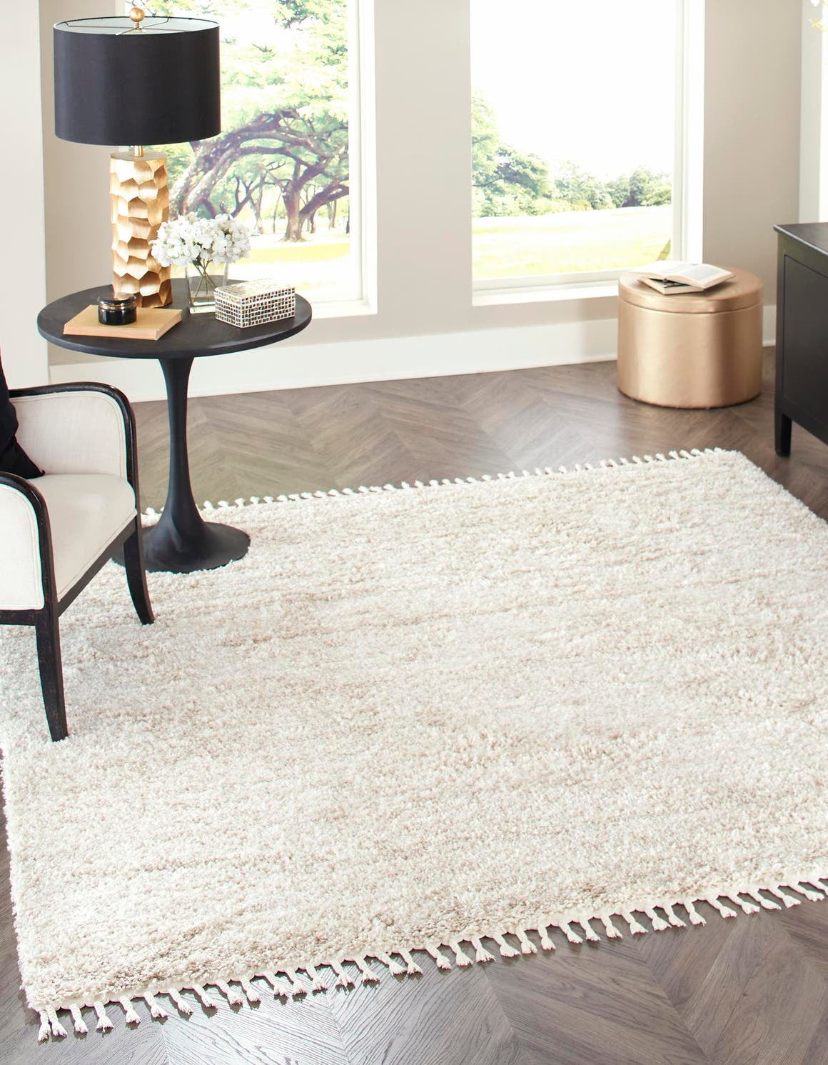 Unique Loom Misty Hygge Shag Rug Ivory/Beige 8' Square Abstract Modern