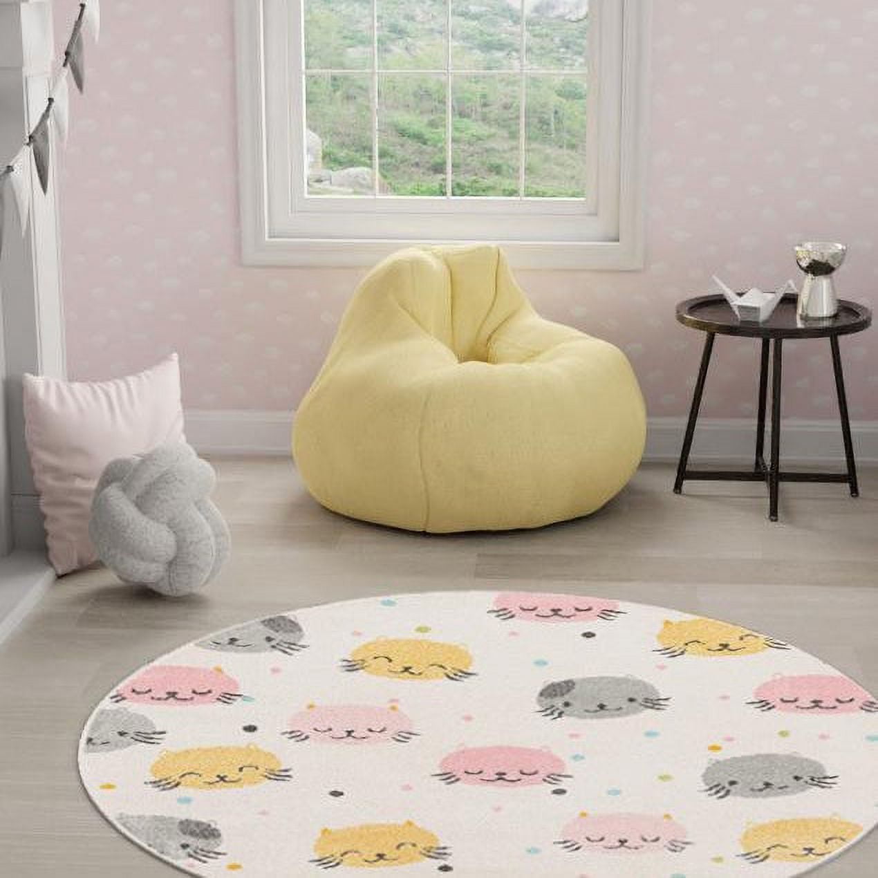 Ivory Round Kids Rug with Colorful Cat Faces