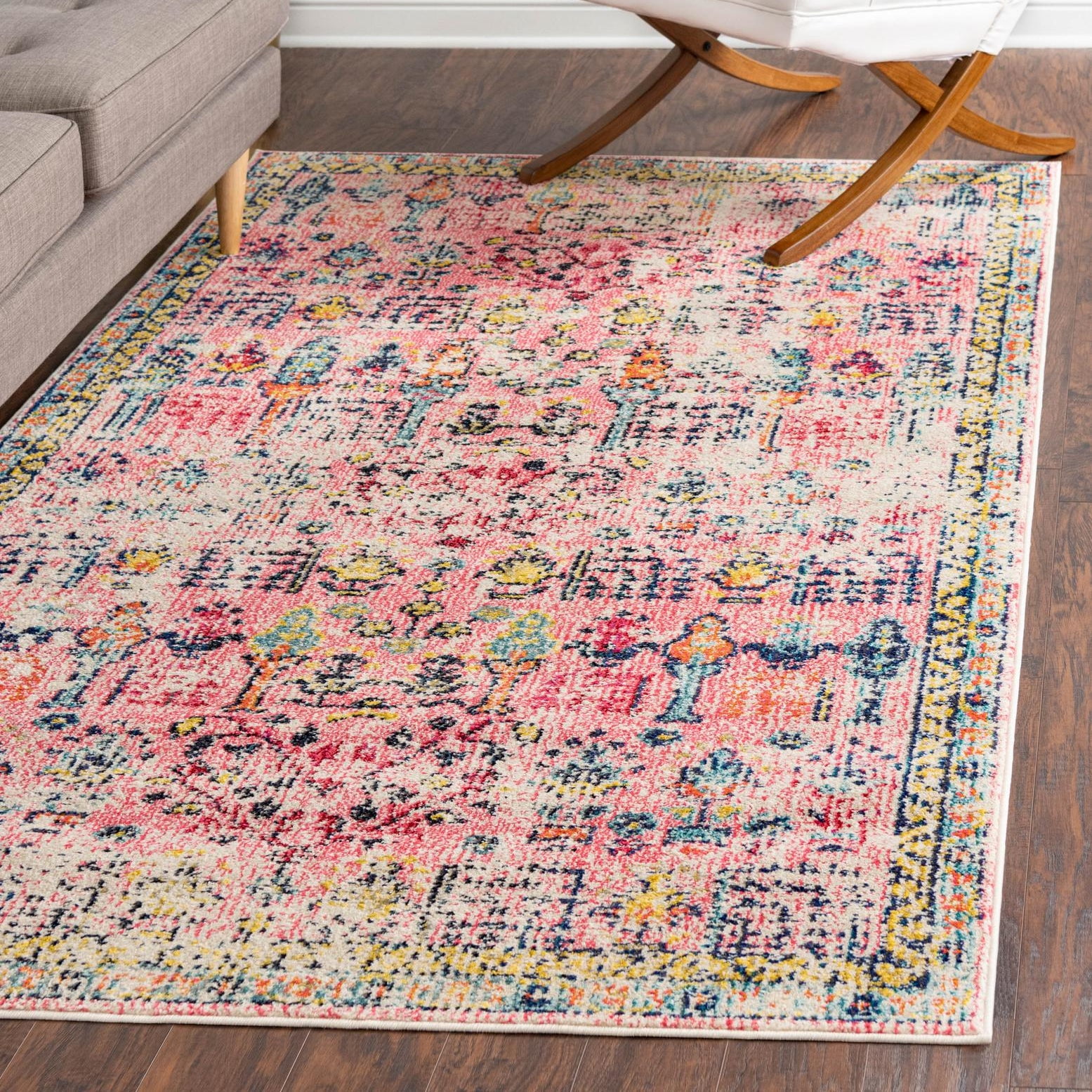 Pink and Blue Rectangular Stain-Resistant Synthetic Area Rug