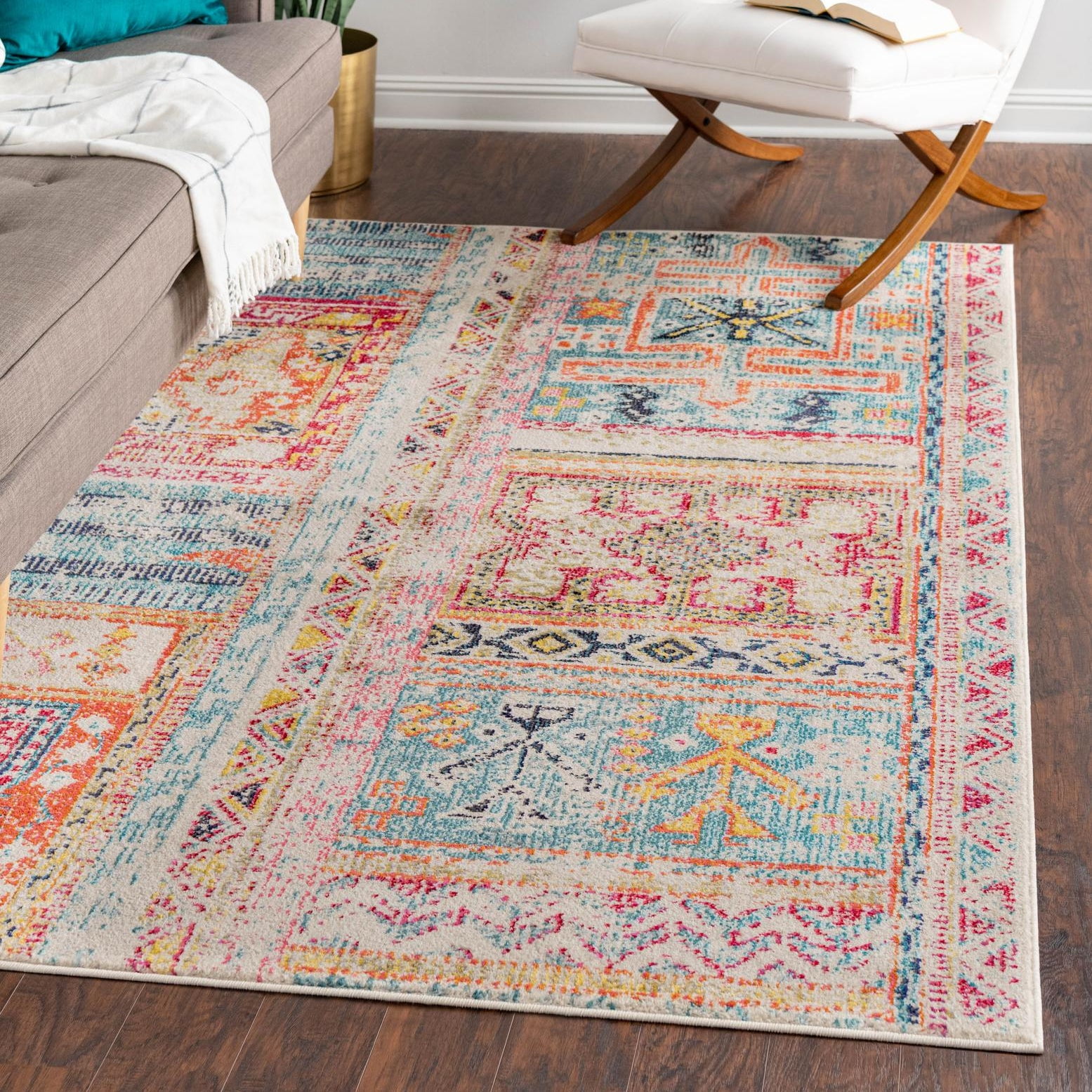 Colorful Geometric Low Pile Synthetic Area Rug