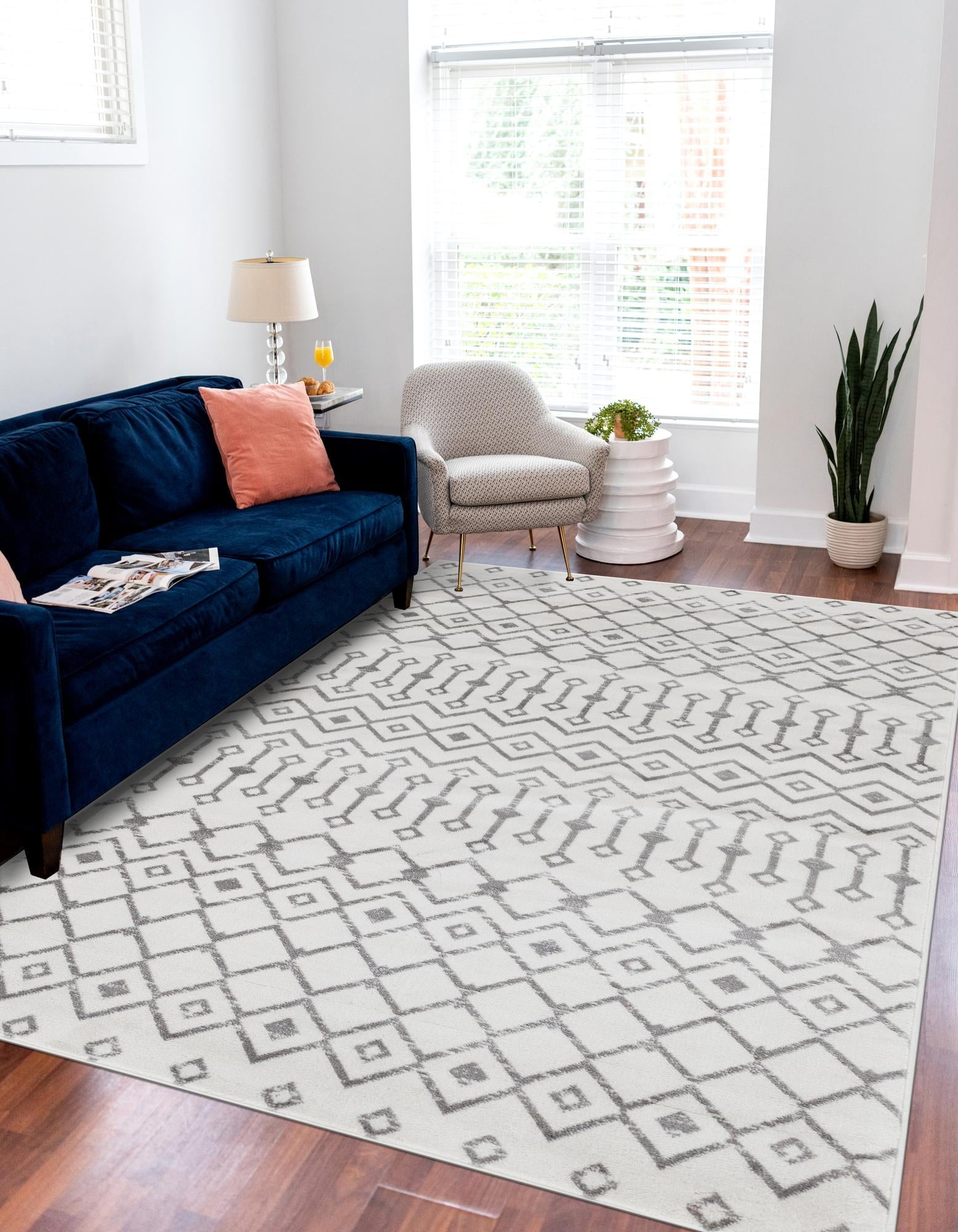 Ivory Rectangular Moroccan Trellis Stain-Resistant Rug