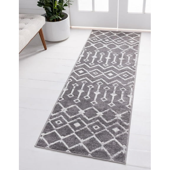 Unique Loom Moroccan Trellis Collection Area Rug - Mamounia (2' x 6' 7" Runner Gray/Ivory)