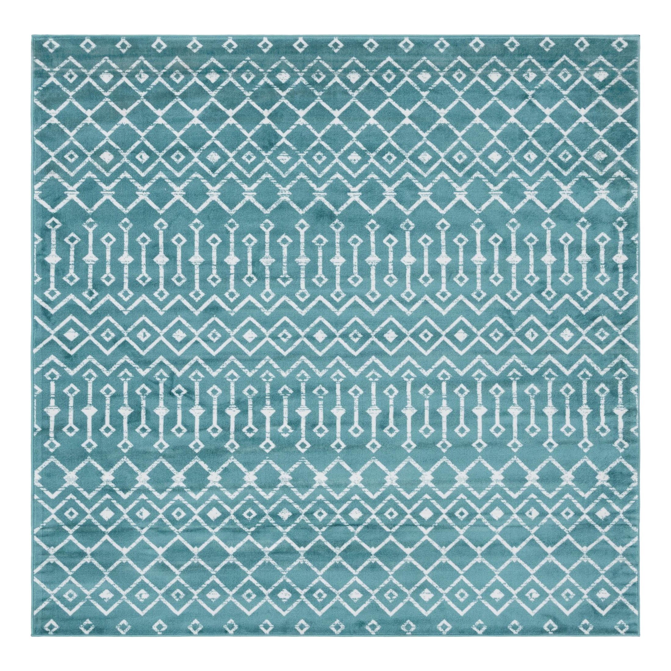 Turquoise Square Trellis Stain-Resistant Synthetic Area Rug