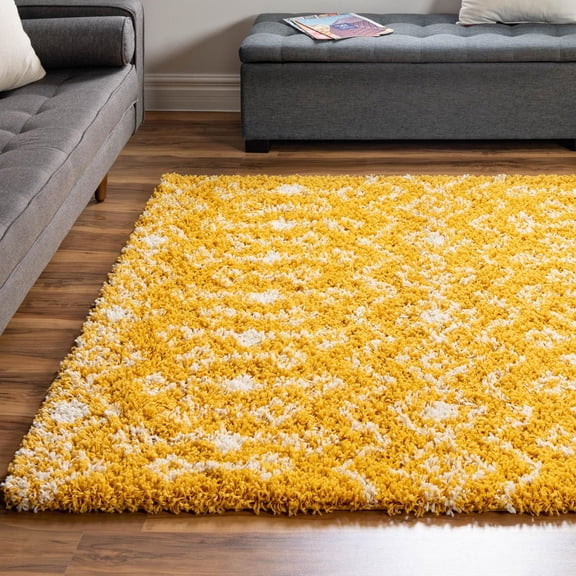 Unique Loom Moroccan Trellis Shag Collection Area Rug - Meknes (10' Square Yellow/Ivory)