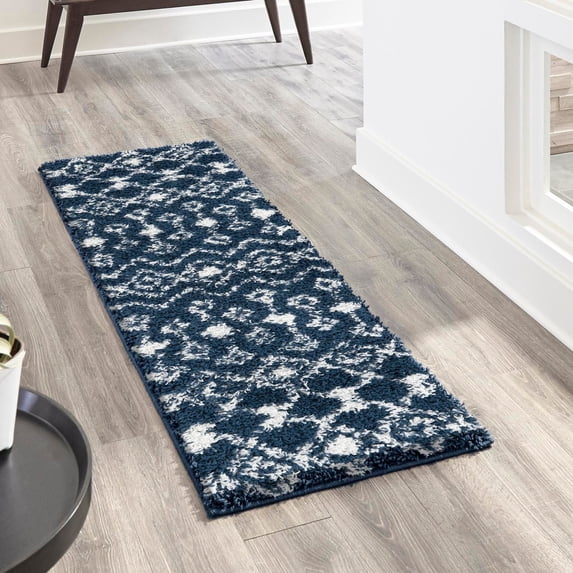 Unique Loom Moroccan Trellis Shag Collection Area Rug - Meknes (2' x 5' 1" Runner Navy Blue/Ivory)
