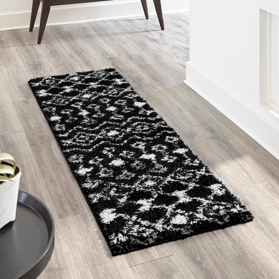 Unique Loom Moroccan Trellis Shag Collection Area Rug - Meknes (2' x 6' 1" Runner Black and White)