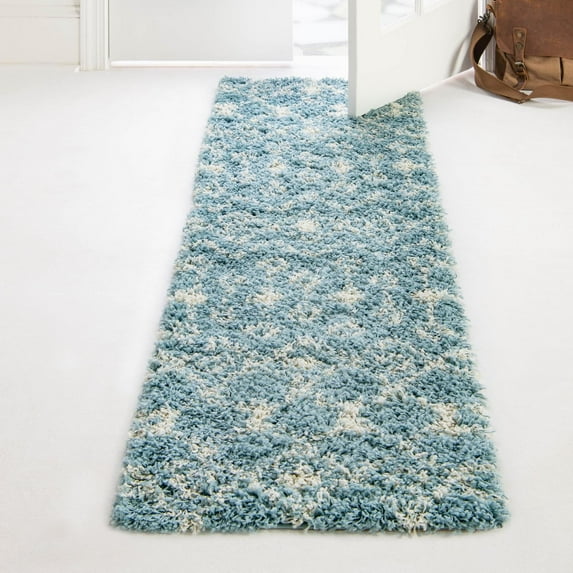 Unique Loom Moroccan Trellis Shag Collection Area Rug - Meknes (2' x 6' 1" Runner Light Blue/Ivory)