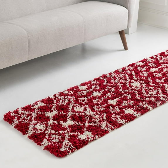 Unique Loom Moroccan Trellis Shag Collection Area Rug - Meknes (2' x 7' 1" Runner Burgundy Red/Ivory)