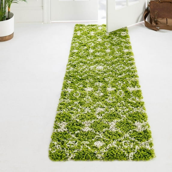 Unique Loom Moroccan Trellis Shag Collection Area Rug - Meknes (2' x 8' Runner Green/Ivory)